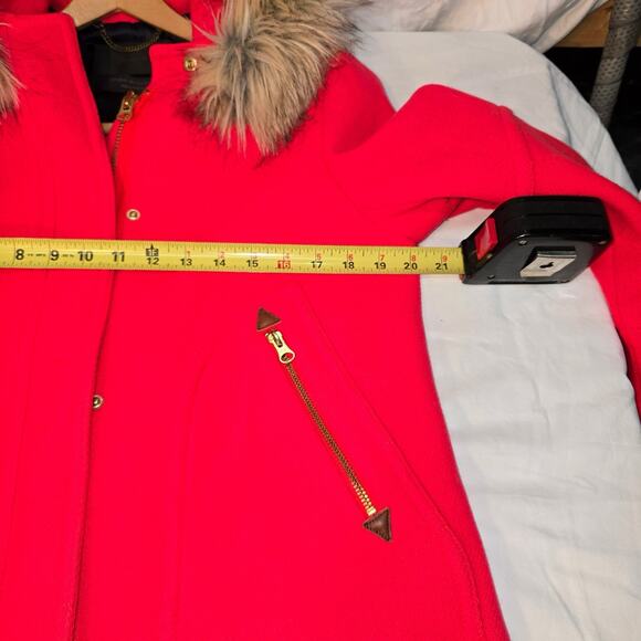 J. Crew Women's Red Chateau Stadium Parka Coat Nello Cori Faux Fur Hood Size 10 - Picture 5 of 7